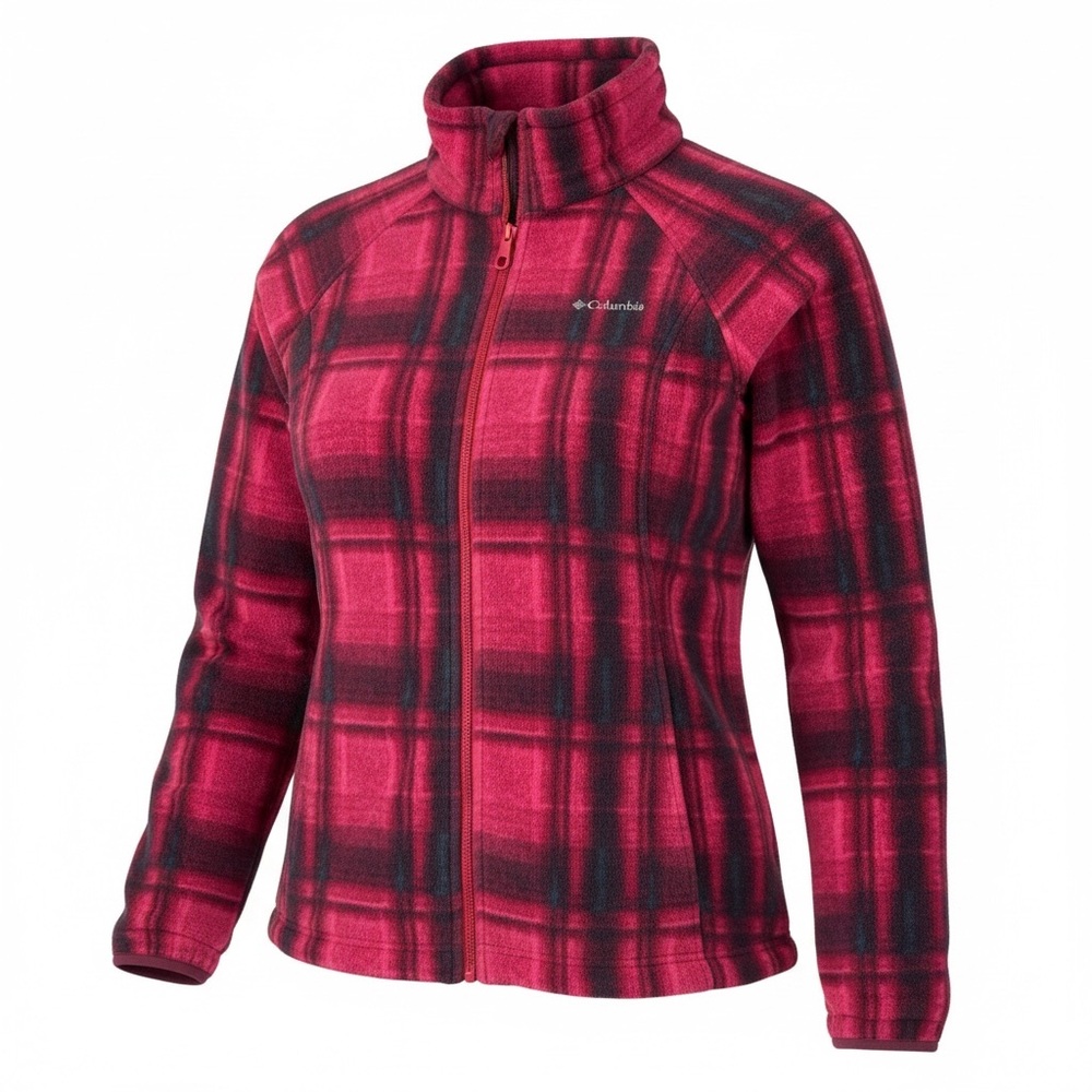 Columbia Women's Pink Plaid Checkered Fleece Jacket LARGE Ex. Cond PTP 21”